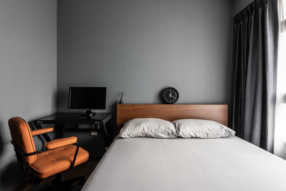 Industrial Bedroom with Vinyl Flooring and Curtain