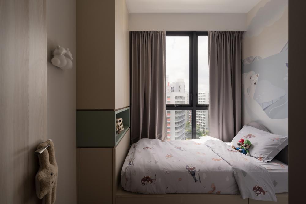 Scandinavian Bedroom with Bookshelf and Vinyl Flooring