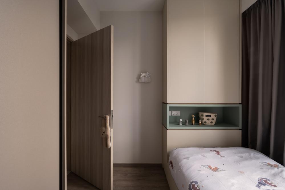 Scandinavian Bedroom with Bookshelf and Platform Bed
