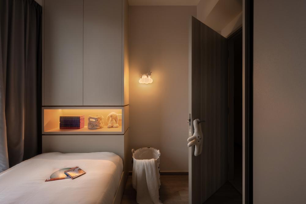 Scandinavian Bedroom with Bookshelf and Platform Bed