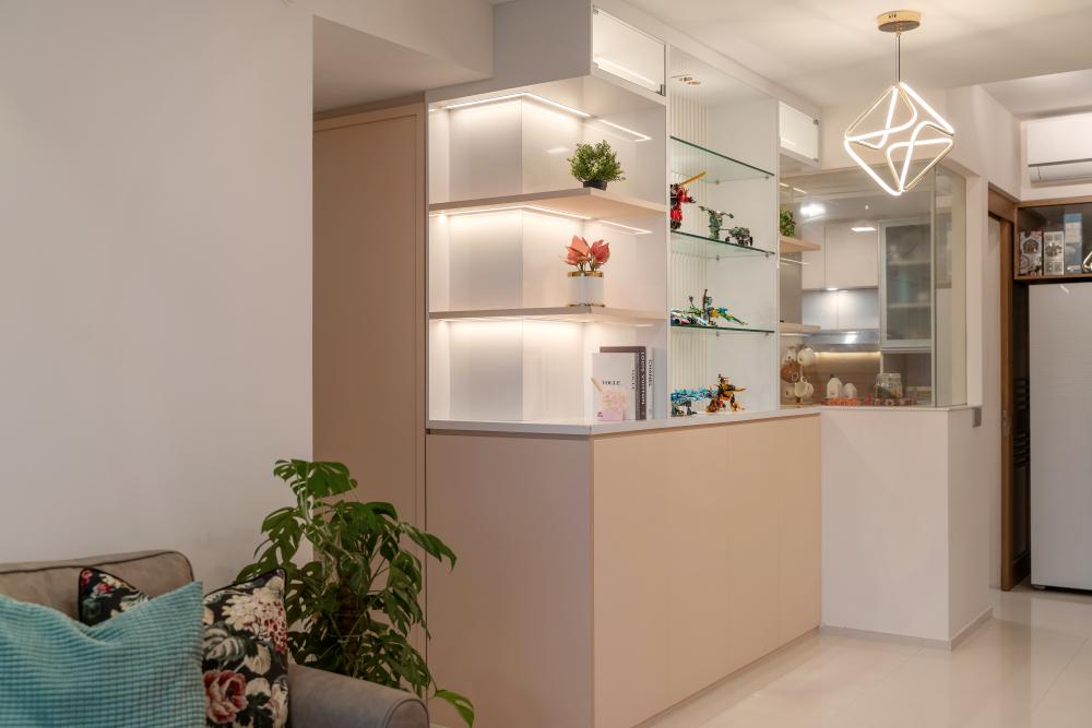 Contemporary Living Room with Bookshelf and Ceiling Light
