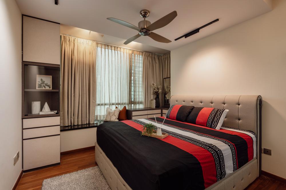 Contemporary Bedroom with Bay Window and Cove Lighting