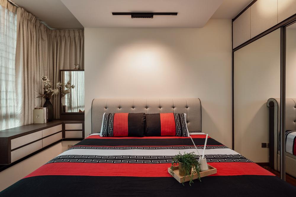 Contemporary Bedroom with Bookshelf and Platform Bed