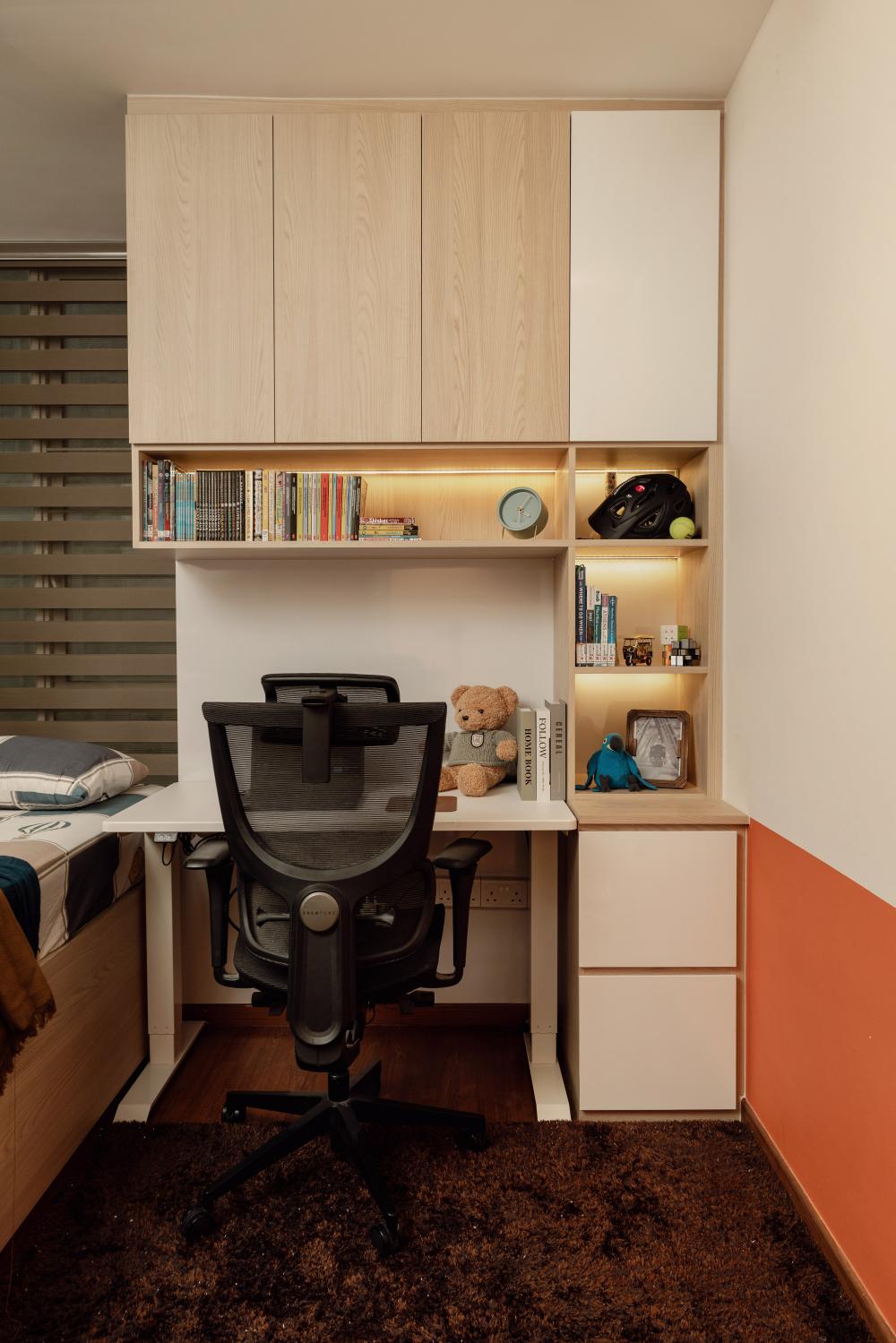 Contemporary Bedroom with Bookshelf and Platform Bed
