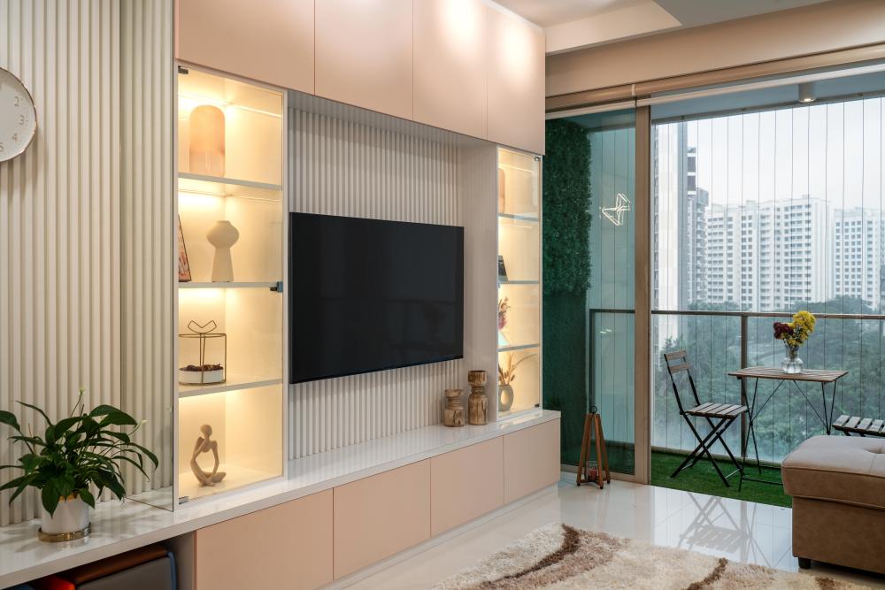 Contemporary Living Room with Bookshelf and TV Console