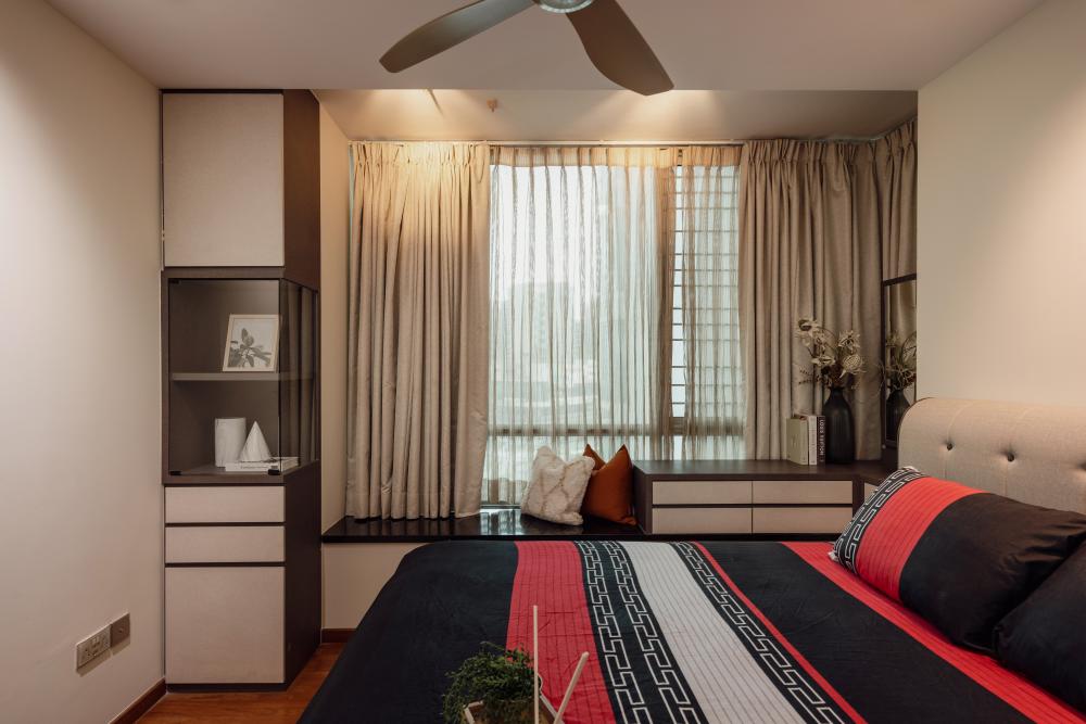 Contemporary Bedroom with Platform Bed and Drop Light