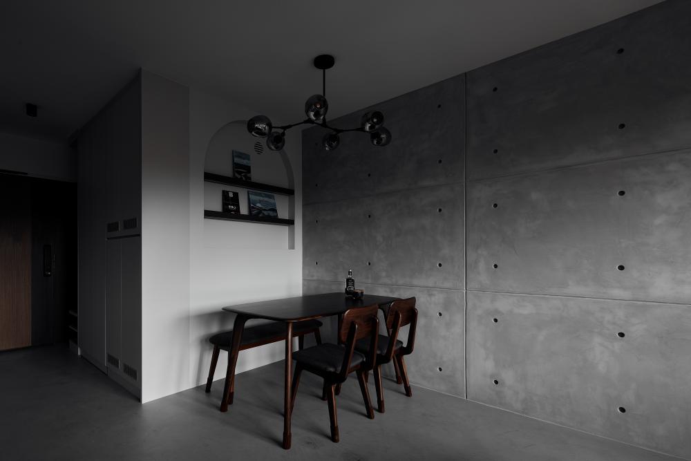 Industrial Living Room with Cement Floor and Ceiling Light
