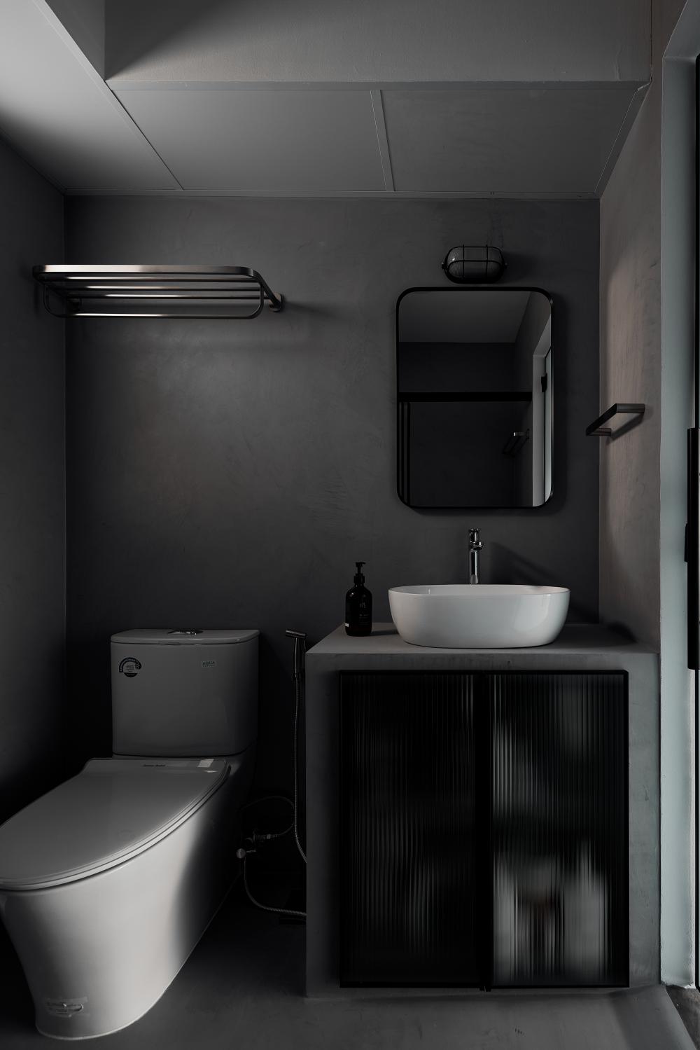 Industrial Bathroom with Mirror and Showers