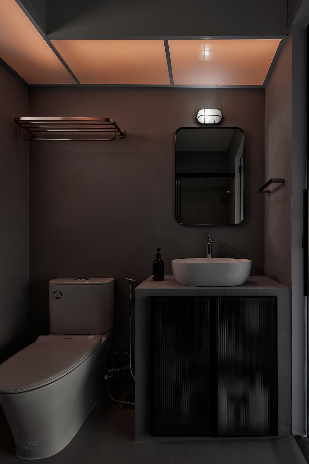 Industrial Bathroom with Mirror and Toilet Bowl
