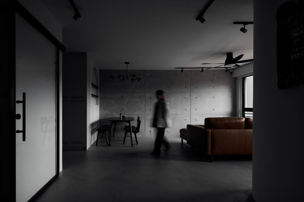 Industrial Living Room with Ceiling Fan and Flooring