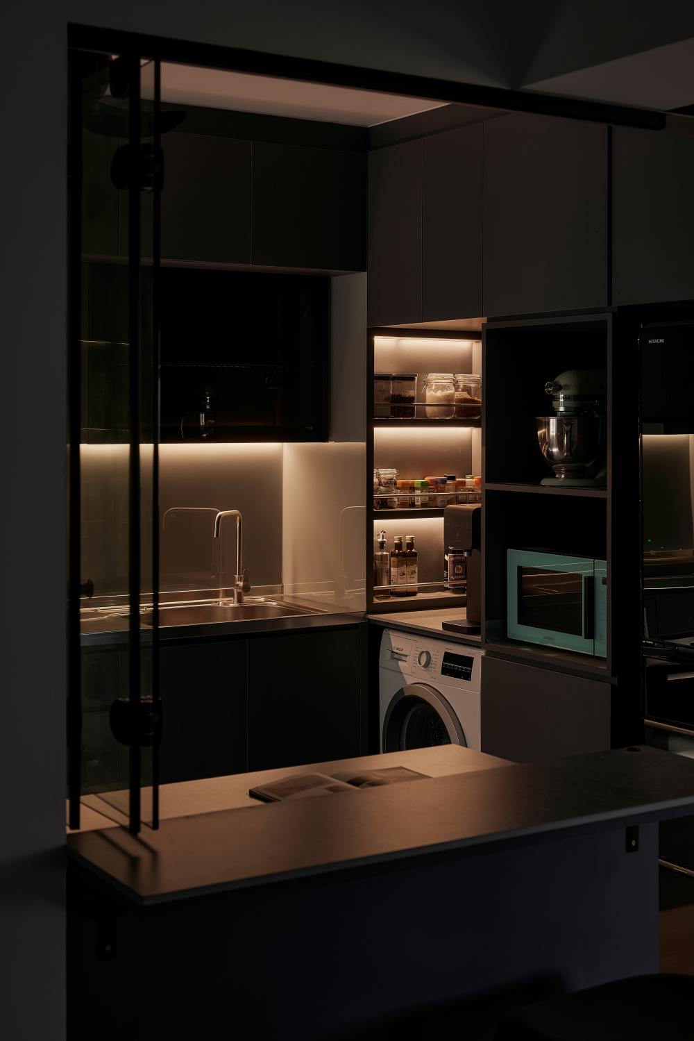 Industrial Kitchen with Kitchen Island and Breakfast Counter