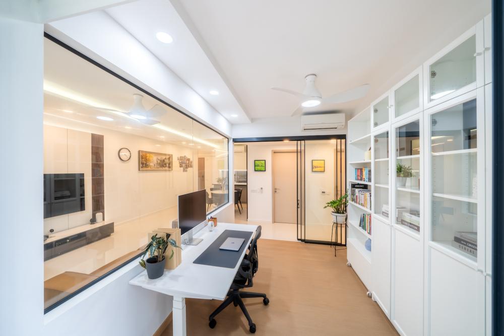 Modern Home Office with Bookshelf and Small Storage