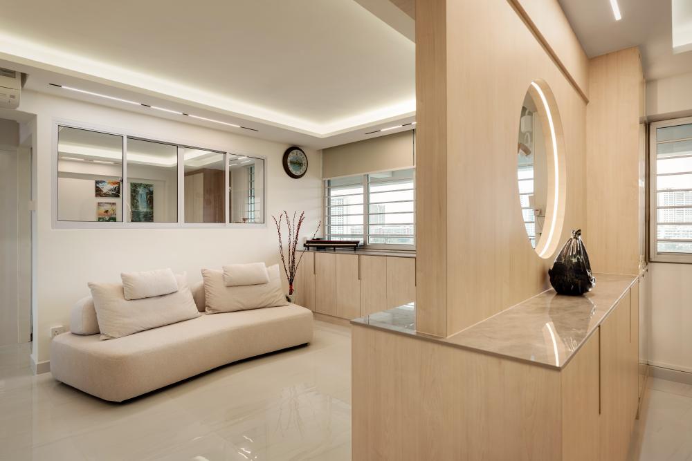 Scandinavian Living Room with Mirror and Mirror Feature Wall