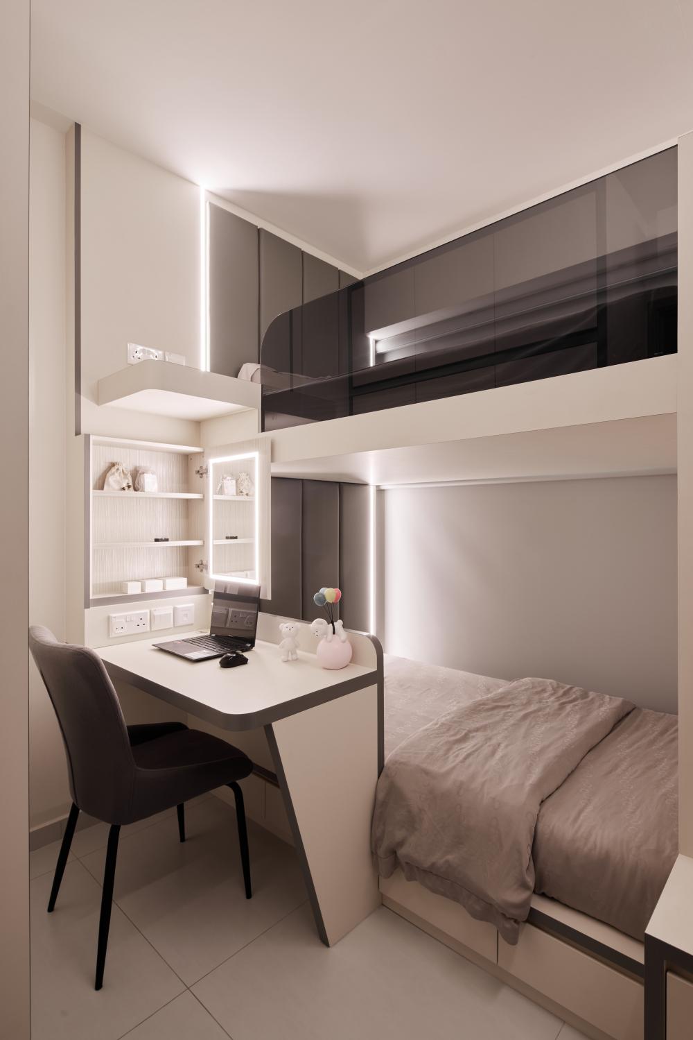 Modern Bedroom with Platform Bed and Children's Beds