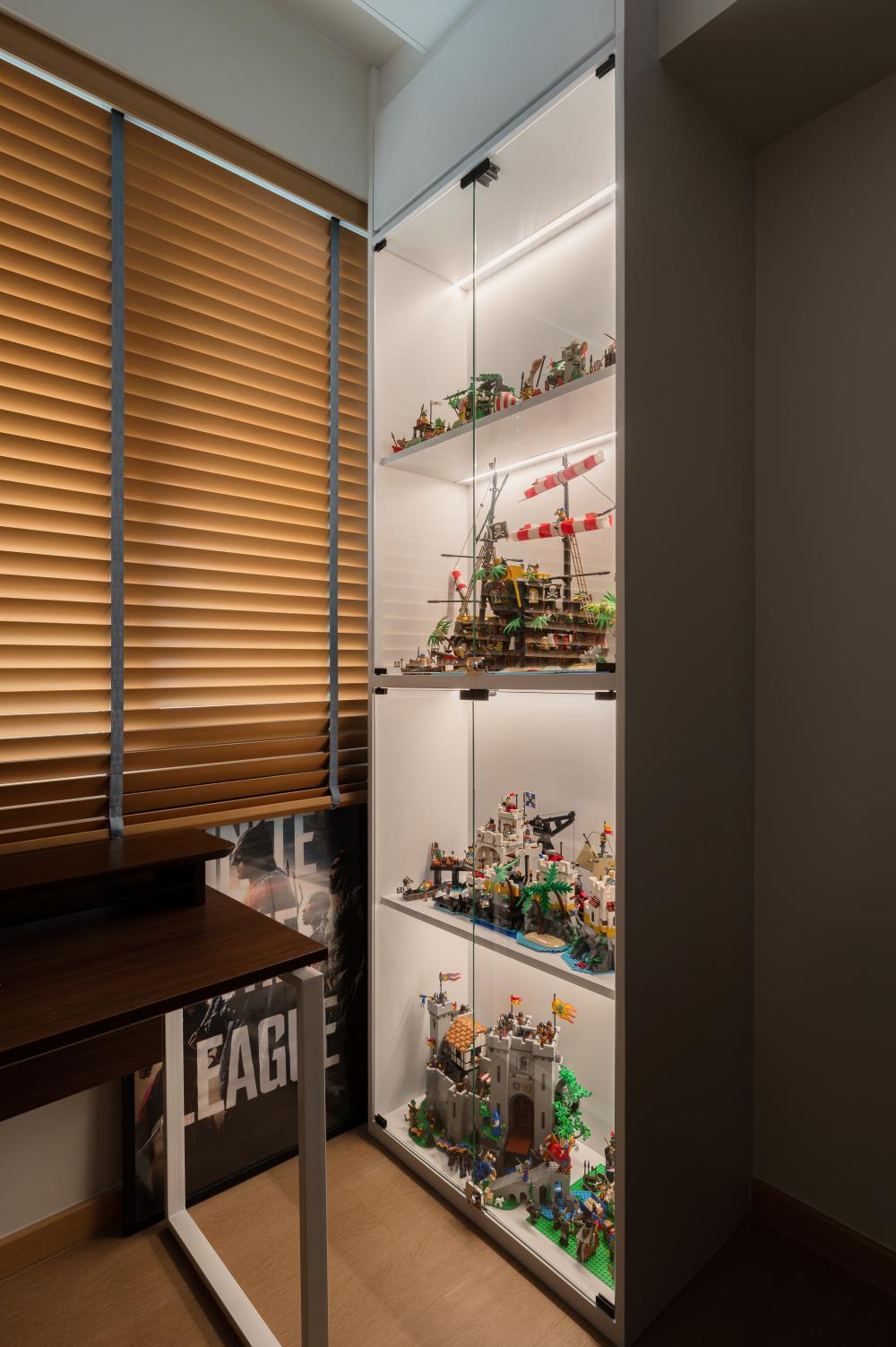 Modern Bedroom with Wood Flooring and Storage Cabinets