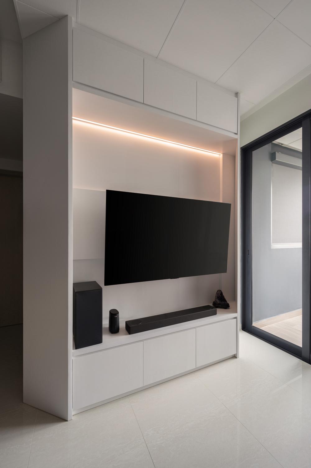 Modern Living Room with TV Console and Glass Door