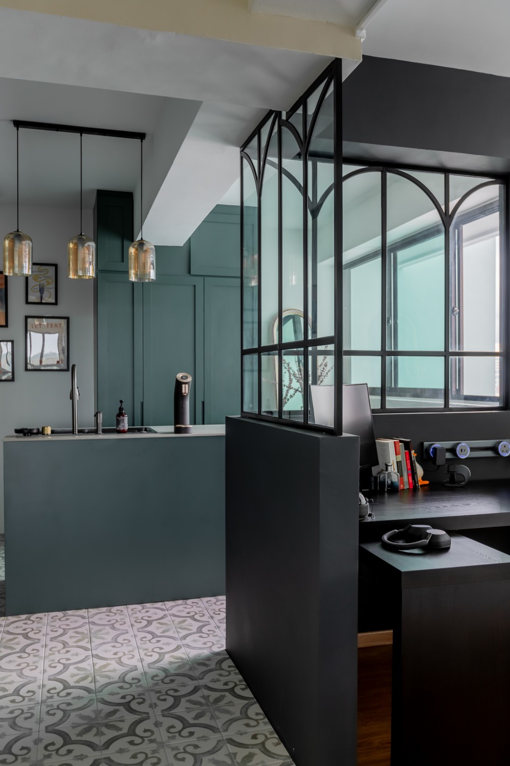 Contemporary Study with Countertop and Kitchen Window