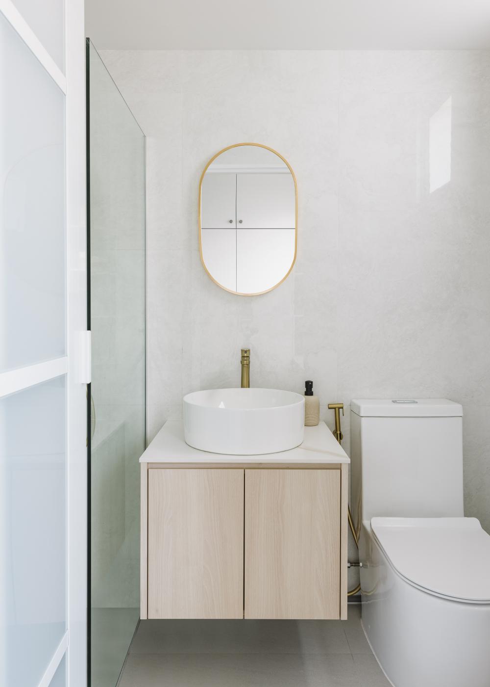 Scandinavian Bathroom with Countertop and Cement Floor