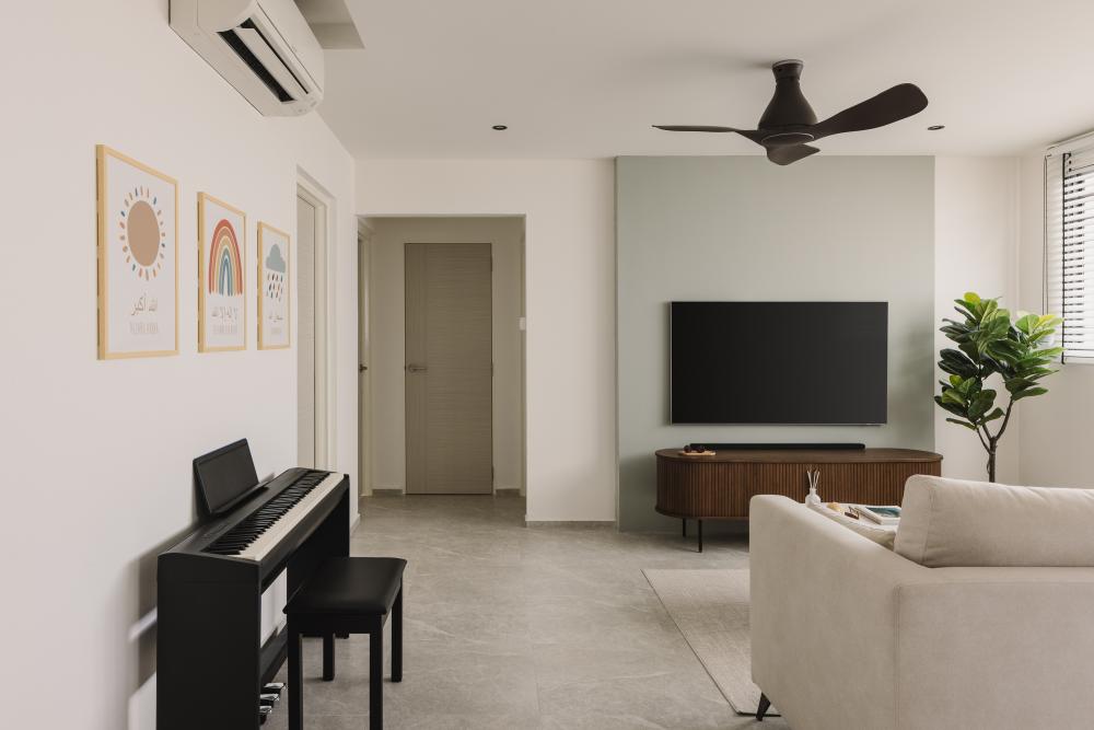 Scandinavian Living Room with Marble Floor and TV Console