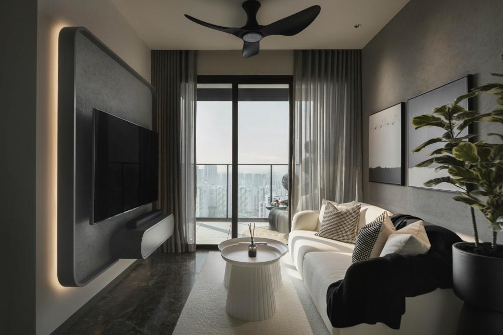 Modern Living Room with Marble Floor and TV Console