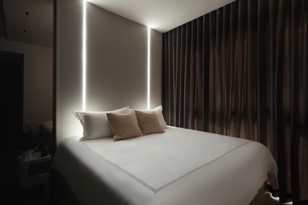 Modern Bedroom with Curtain and Bedside Table