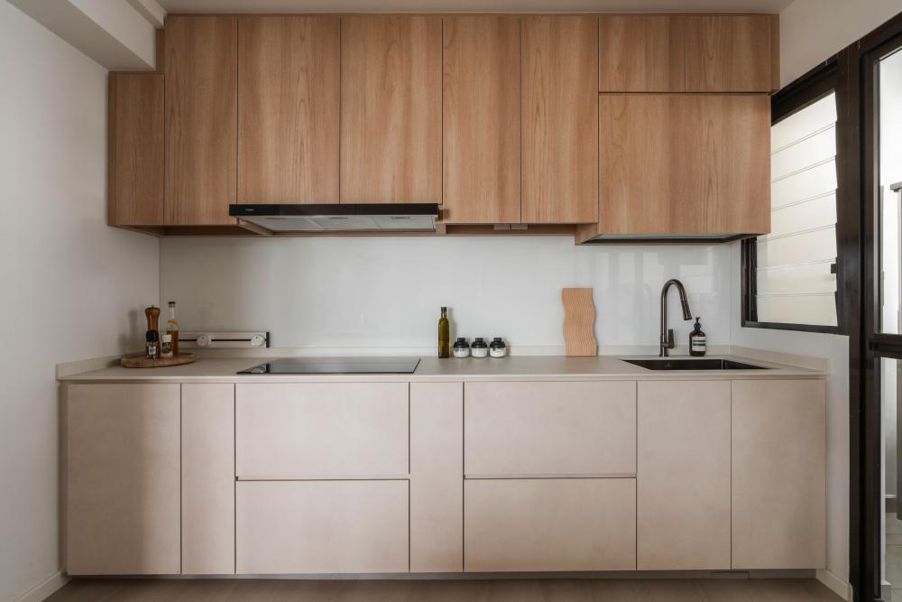 Scandinavian Kitchen with Countertop and Wood Flooring