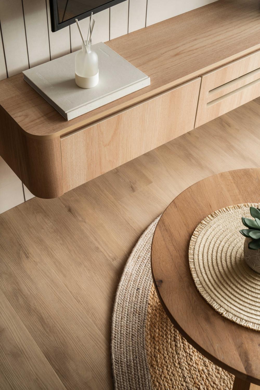 Scandinavian Living Room with Wood Flooring and TV Console