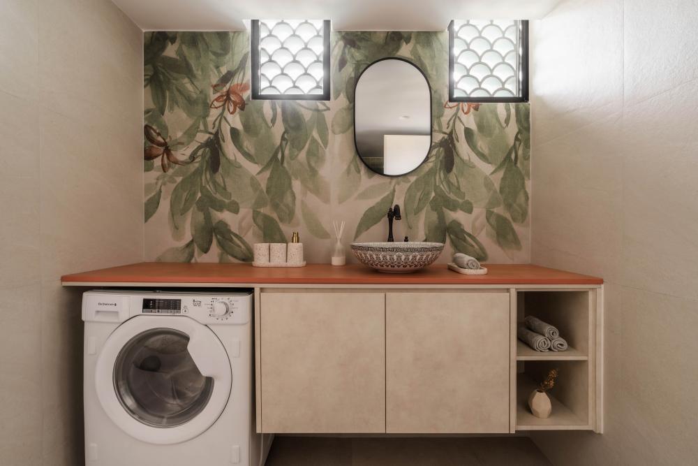 Asian Bathroom with Mirror and Washing Machine