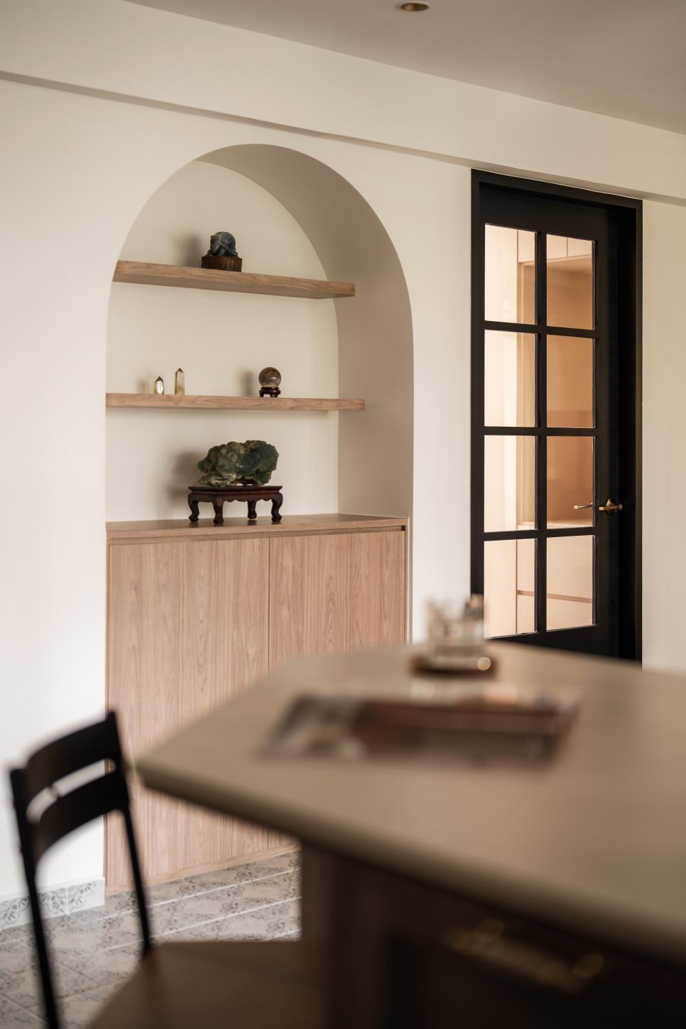 Asian Living Room with Bookshelf and Feature Wall