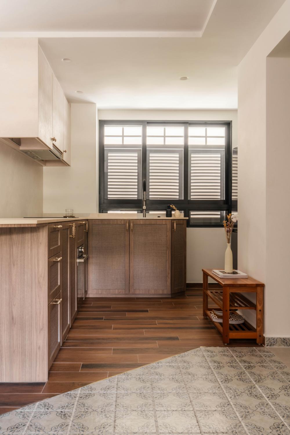 Asian Kitchen with Countertop and Wood Flooring