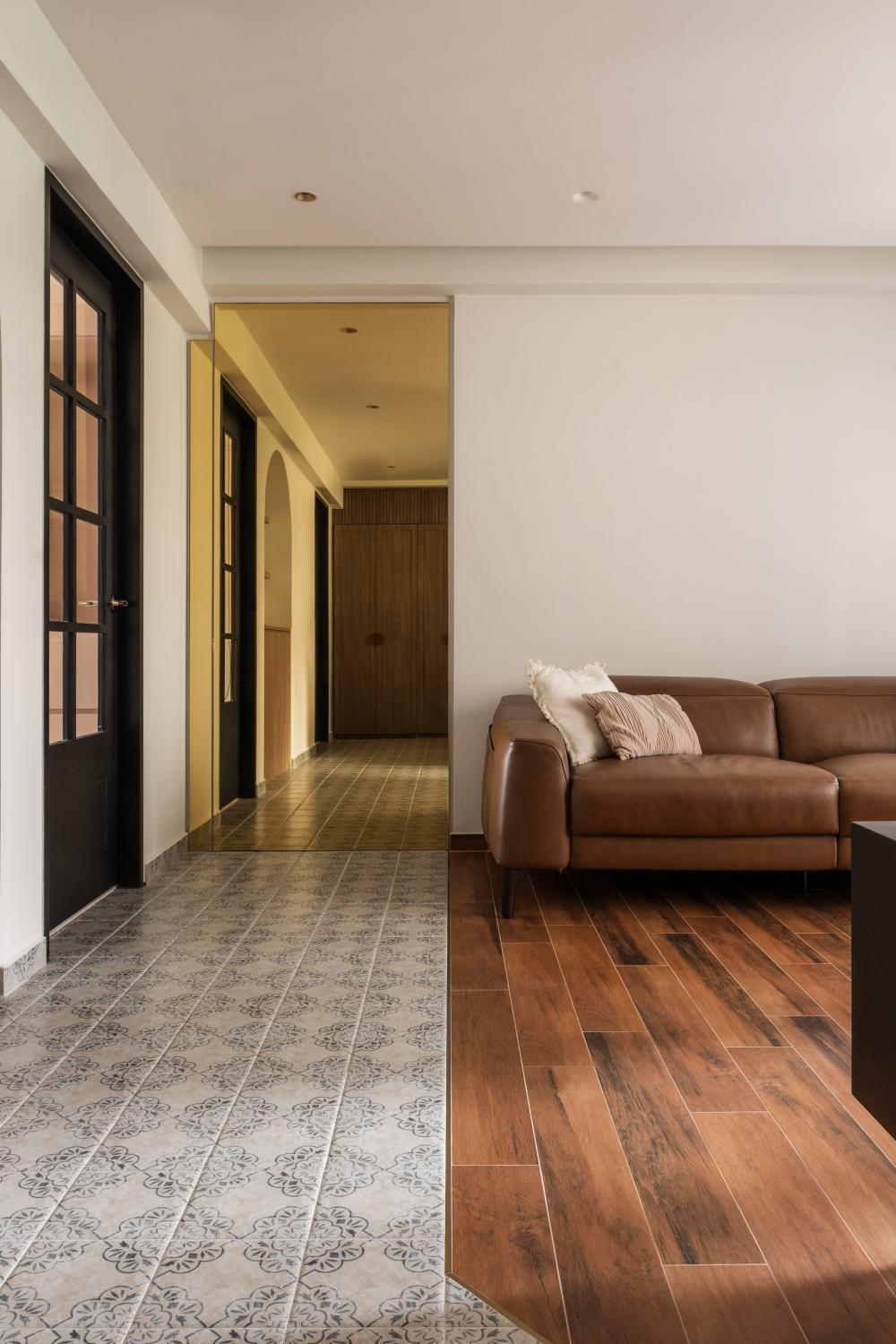 Asian Living Room with Wood Flooring and Mirror