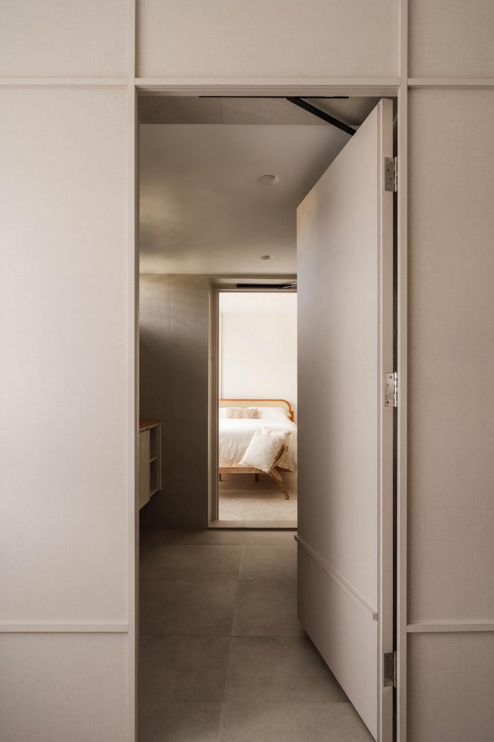 Asian Bedroom with Homogeneous Tiles and Queen Bed