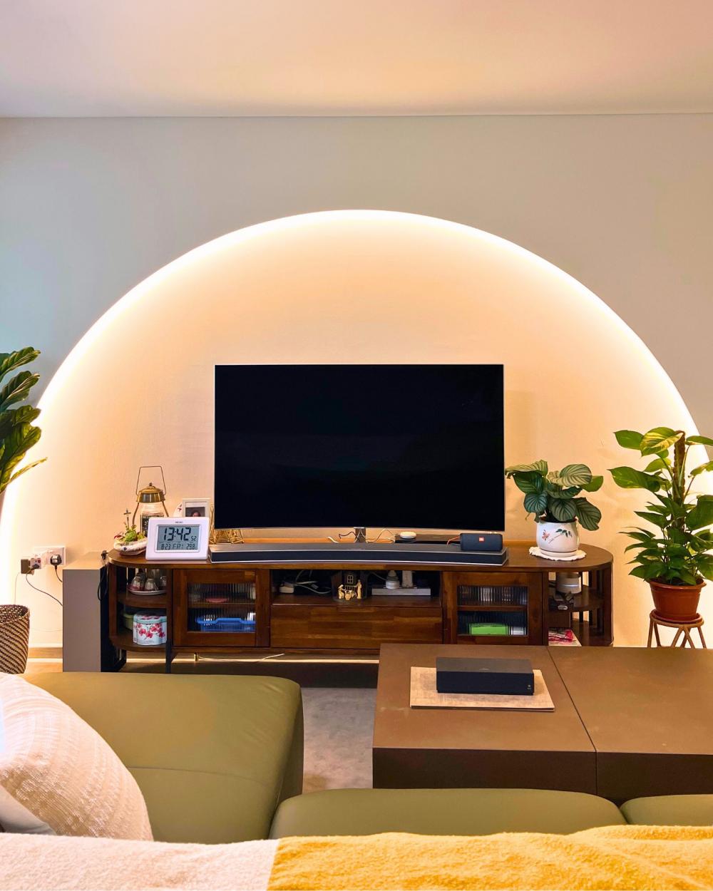 Scandinavian Living Room with TV Console and Feature Wall