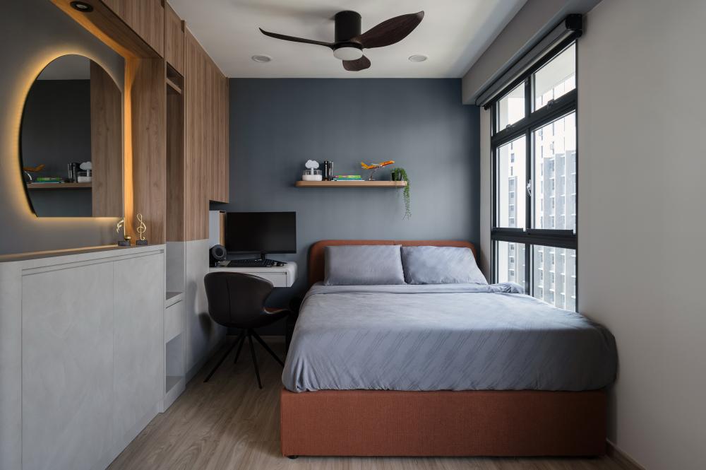 Modern Bedroom with Wood Flooring and Bedside Table