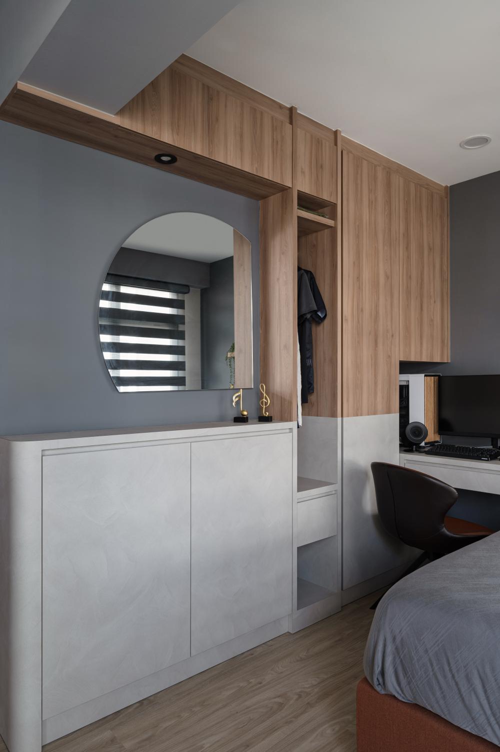Modern Bedroom with Wood Flooring and Closet