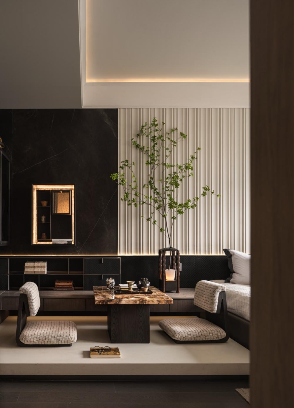 Contemporary Bedroom with Homogeneous Tiles and Feature Wall
