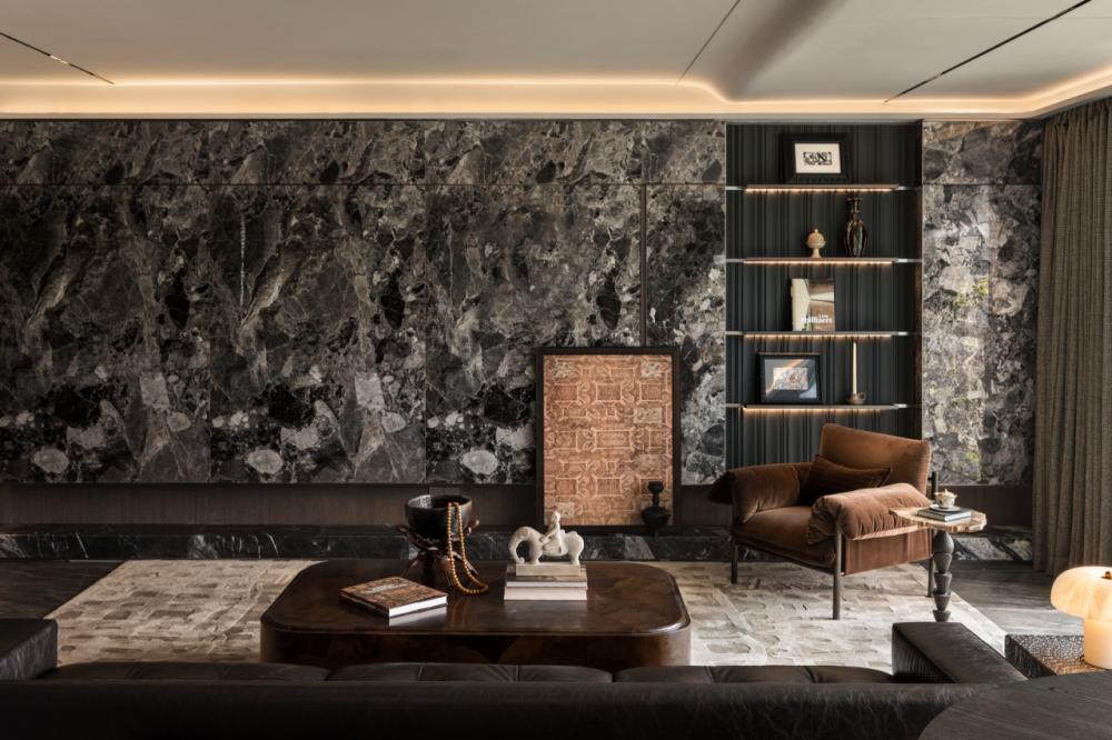 Contemporary Living Room with Bookshelf and Homogeneous Tiles
