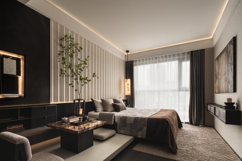 Contemporary Bedroom with Homogeneous Tiles and Bedside Table