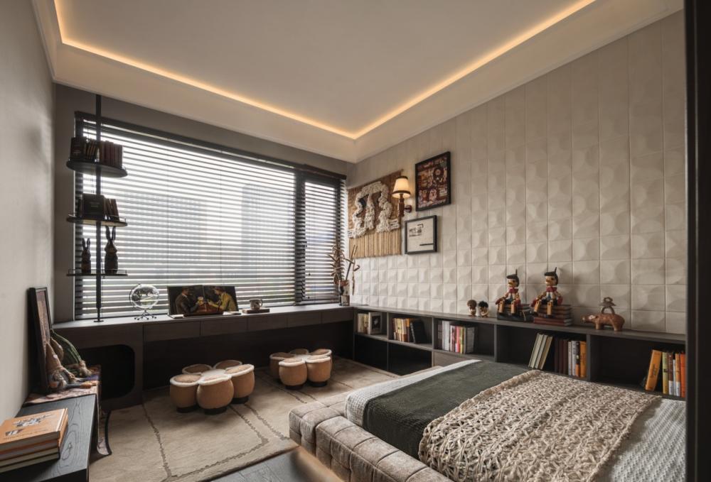Contemporary Kids Room with Bookshelf and Drop Ceiling
