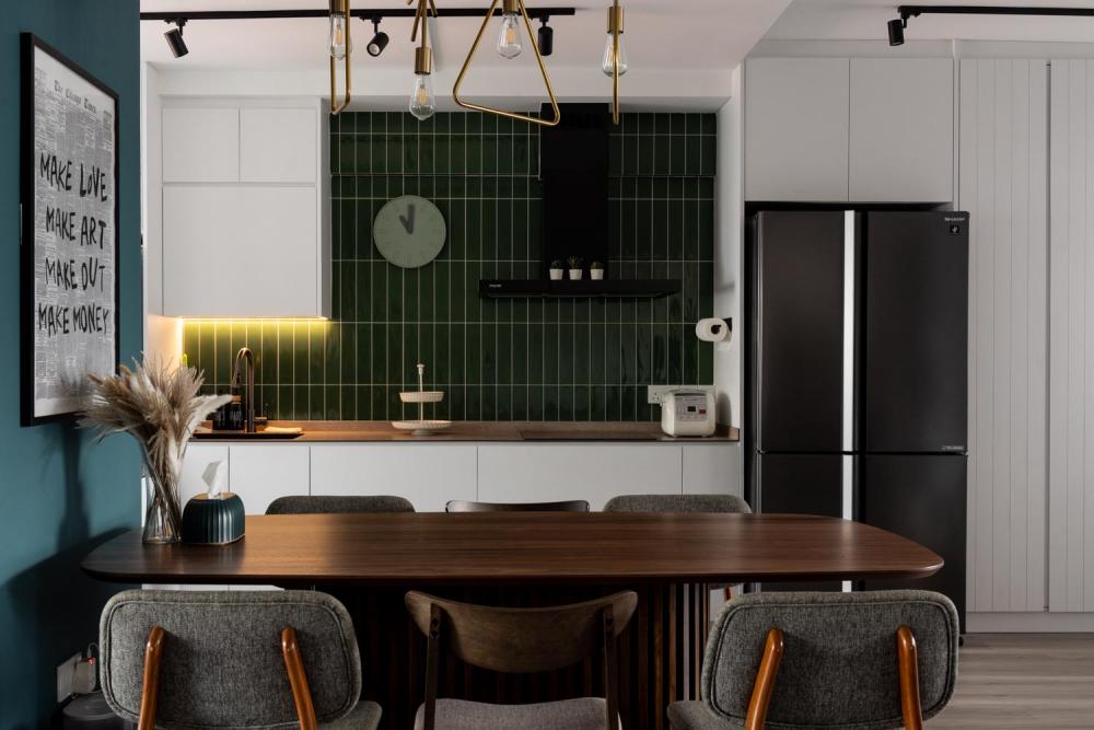 Industrial Dining Room with Drop Light and Downlights
