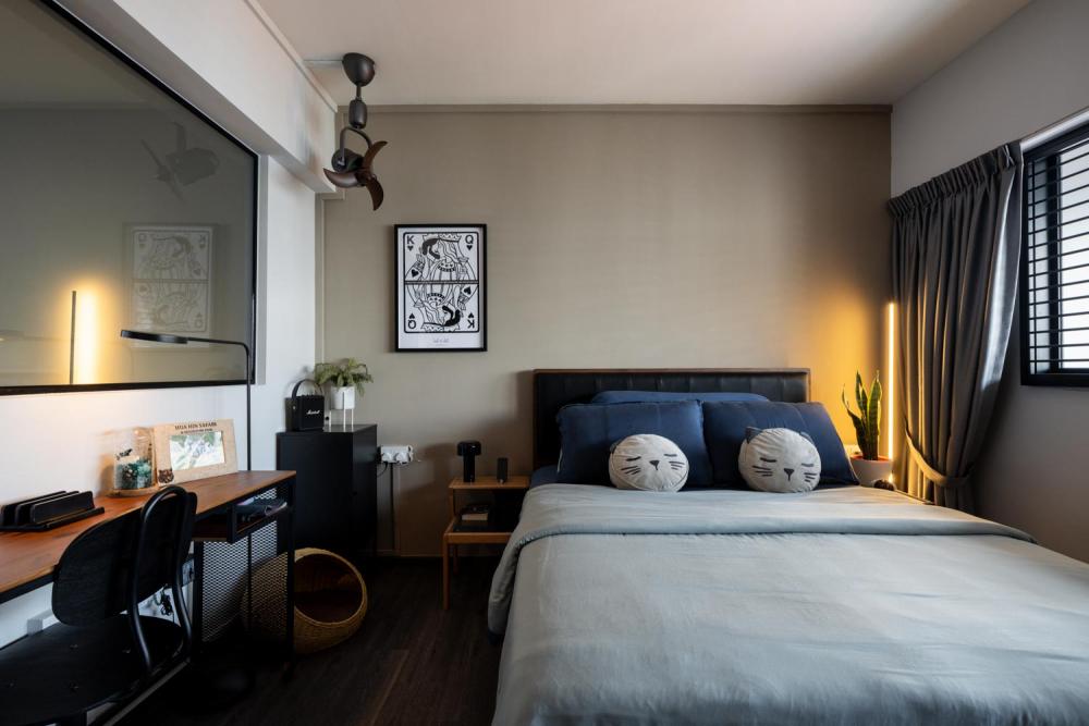 Industrial Bedroom with Vinyl Flooring and Wardrobe