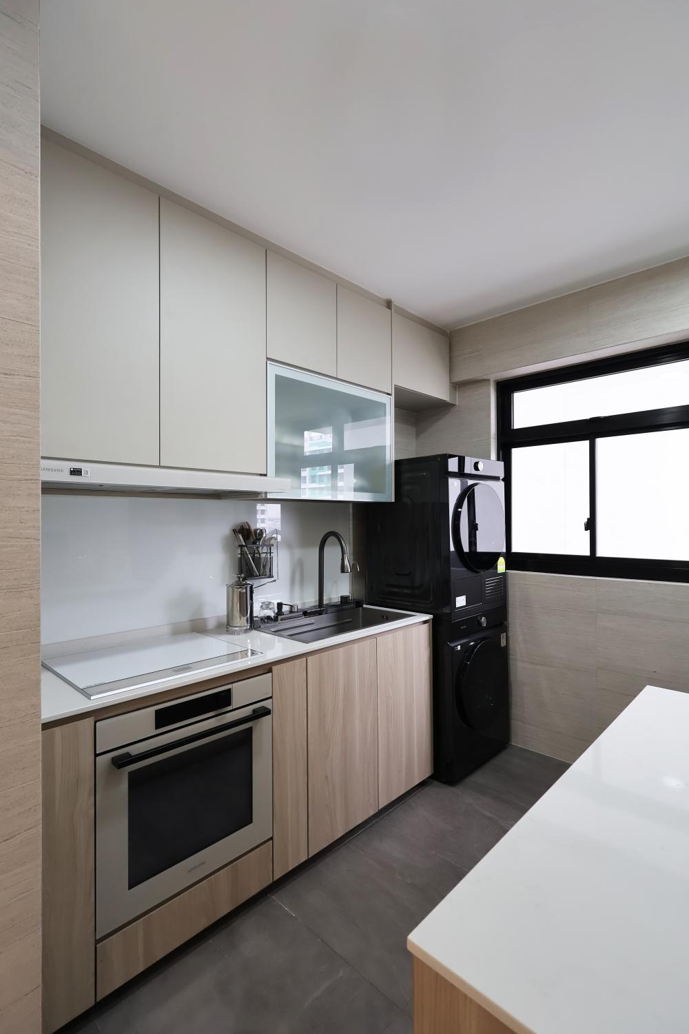 Contemporary Kitchen with Kitchen Window and Cupboard