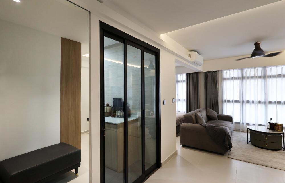 Contemporary Living Room with Homogeneous Tiles and TV Console