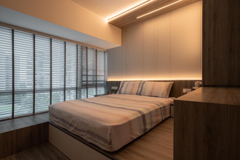 Modern Bedroom with Drop Ceiling and Queen Bed
