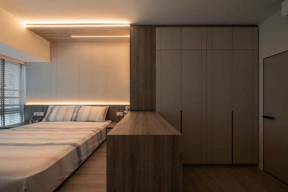 Modern Bedroom with Homogeneous Tiles and Wardrobe