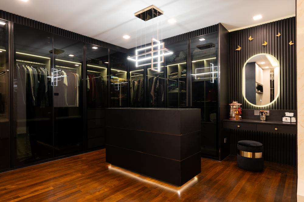 Modern Bedroom with Parquet Floor and Ceiling Light
