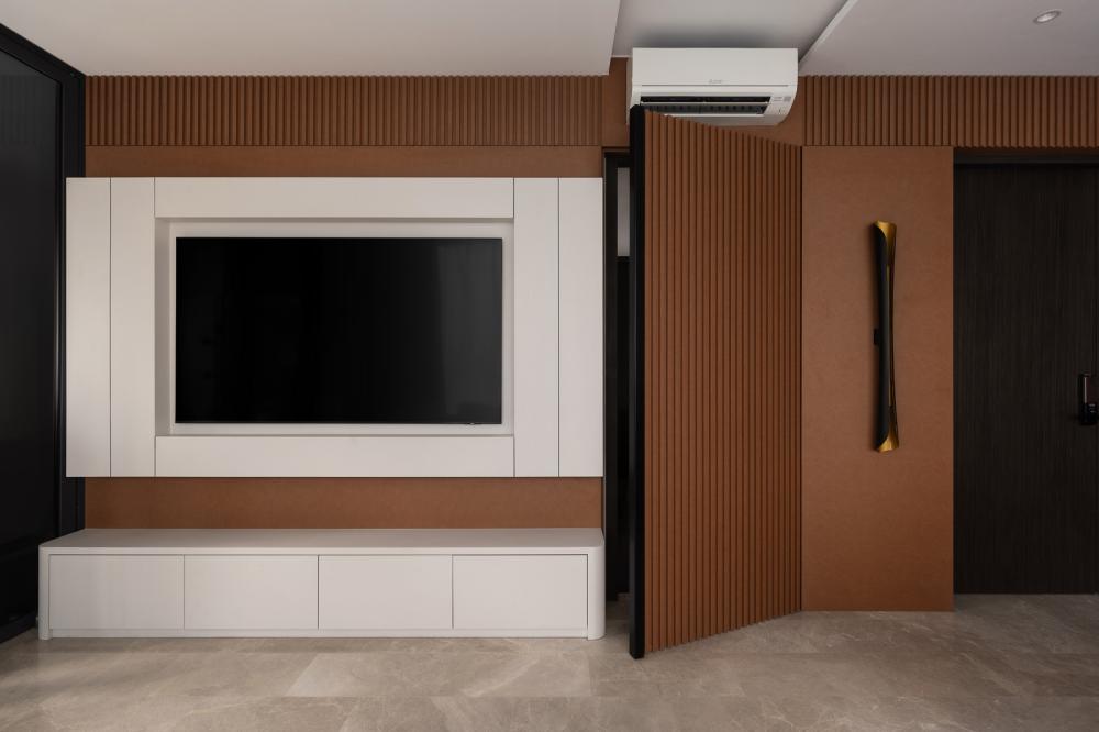 Contemporary Living Room with Homogeneous Tiles and TV Console