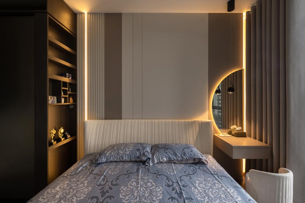 Contemporary Bedroom with Platform Bed and Roller Blinds