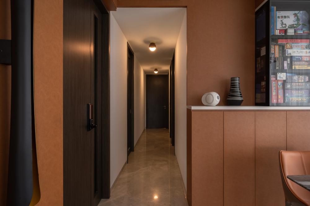 Contemporary Foyer with Artwork and Ceiling Light