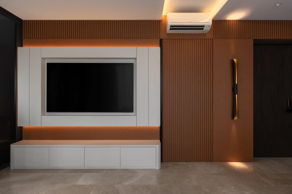 Contemporary Living Room with TV Console and Feature Wall